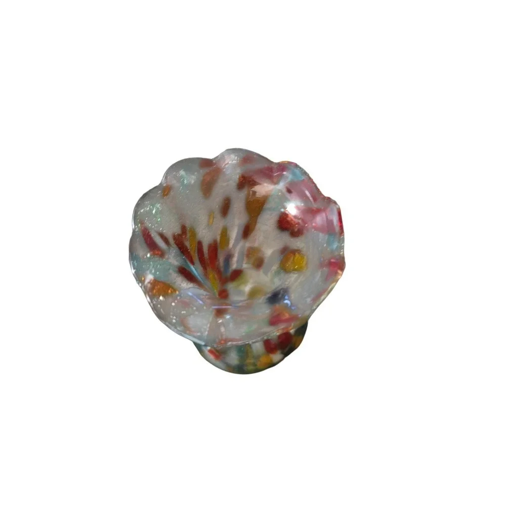 Hand Blown Art Glass Confetti Bud‎ Vase Ruffled Rim Multi Color Iridescent 4.5